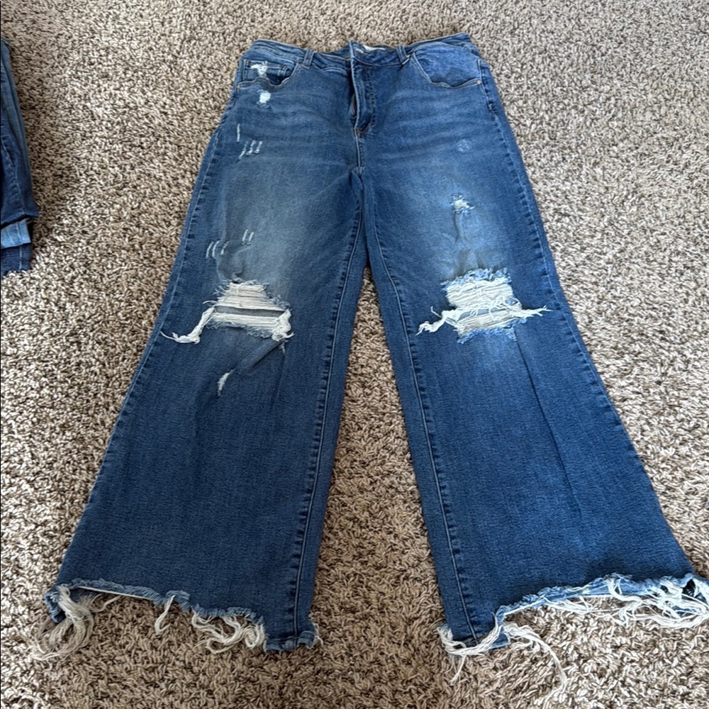 Blue Flare Wide-Leg Jeans with Distressed Hem